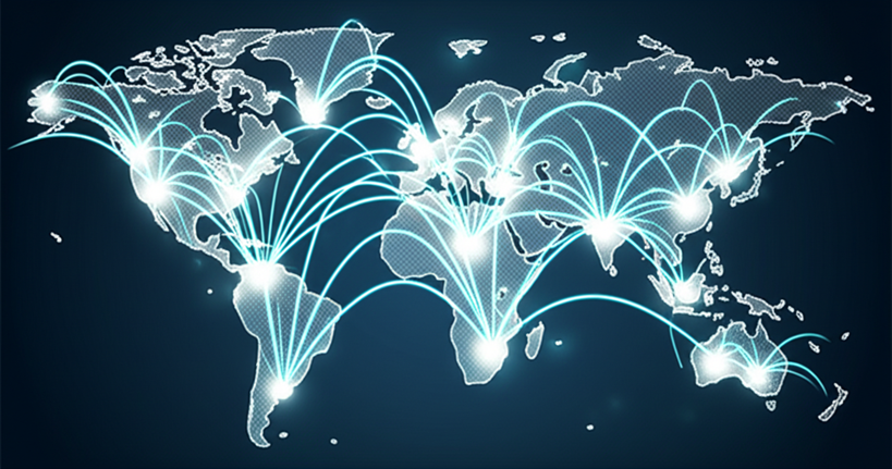 Carte du monde numérique avec des points lumineux