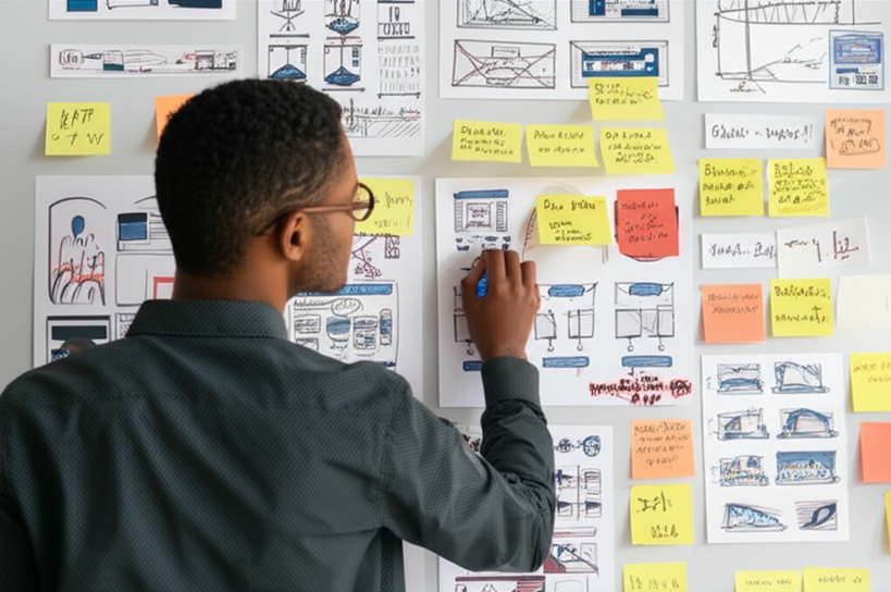 Personne examinant des concepts de design sur un mur